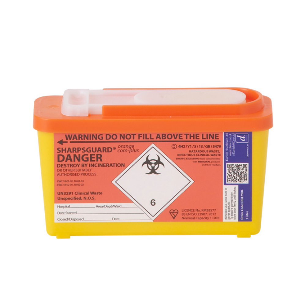 Sharps Bin Community+ 1 Litre Orange Lid Denka