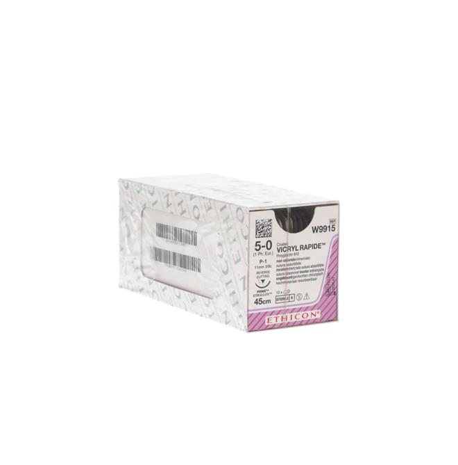 Coated Vicryl Rapide Suture - 45cm, 5/0, 11mm curved reverse cutting x12